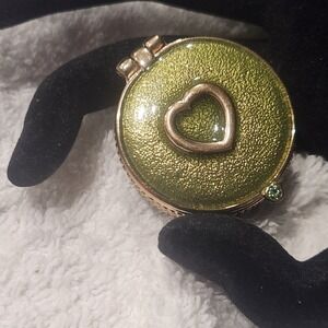 Green Enamel Heart Trinket Box Gold Tone Glitter Magnetic Hinged Pill Box Small